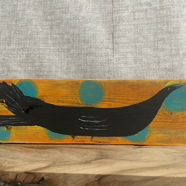 Crow primitive rustic Folk Art  Original sfa painting reclaimed wood OOAK  Artist Annette Harford