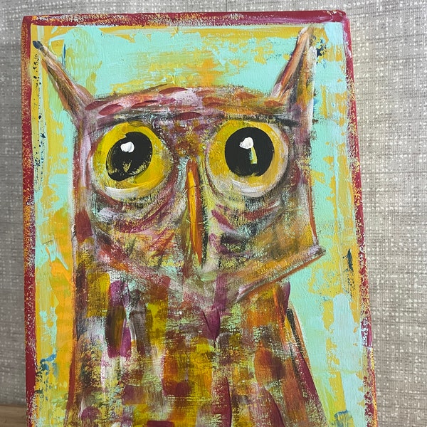 Owl woodland  rustic Folk Art  Original sfa painting reclaimed wood OOAK  Artist Annette Harford