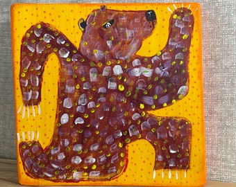 Run Bear fantaisie art folklorique Original sfa peinture bois de récupération OOAK artiste Annette Harford