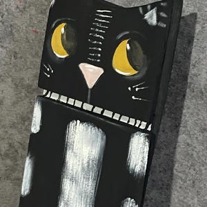 Black cat big eye wall art whimsy primitive rustic Folk Art  Original sfa painting reclaimed wood OOAK  Artist Annette Harford