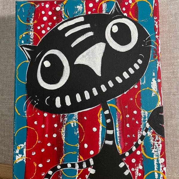 Hello kitty cat whimsy Folk Art  Original sfa painting canvas 9 x 12 x 3/4”  OOAK  Artist Annette Harford