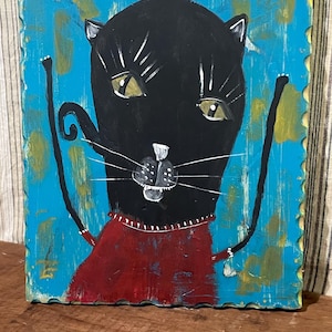 Miss Kitty Joy Folk Art brut outsider Original painting reclaimed wood OOAK  Artist Annette Harford