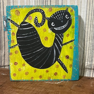 black kitty cat Folk Art brut outsider Original painting reclaimed cabinet wood OOAK  Artist Annette Harford
