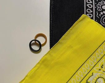 2 pack Cotton Bandanas + 2 Silicone Women rings Black & Yellow /gold I  Hiphop Scarf ( 55 x 55cm ) Neck wrap Headband