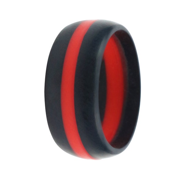 Silicone Ring for Man I Black w Red Striped Rubber Band for Fireman Athletic Men Gym