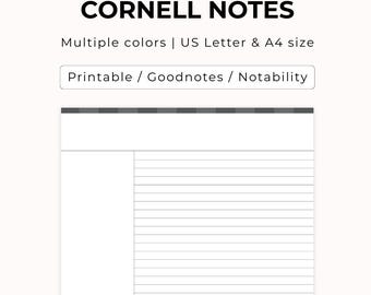 Plantilla de apuntes Cornell, páginas imprimibles y digitales para tomar notas, varios colores, apuntes de estudio para estudiantes, tamaño carta estadounidense y A4.