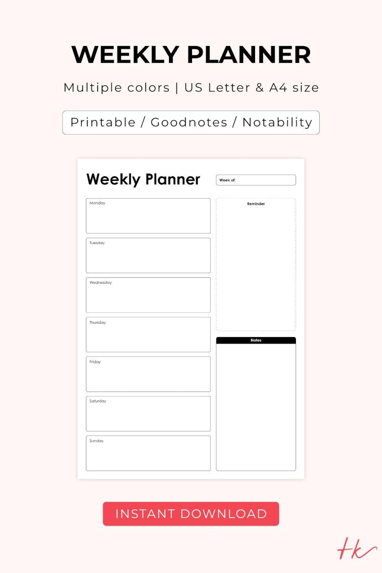 Printable and Digital Weekly Planner Sheet, 5 Colors, Print at Home, A4 ...