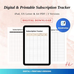 Può includere: Un tracker di abbonamenti digitale e stampabile con il testo "Digital & Printable Subscription Tracker". L'immagine include versioni iPad, US Letter e A4 PDF. Sono visibili anche le parole "DIGITAL DOWNLOAD" e "DIGITAL + PRINTABLE VERSIONS".
