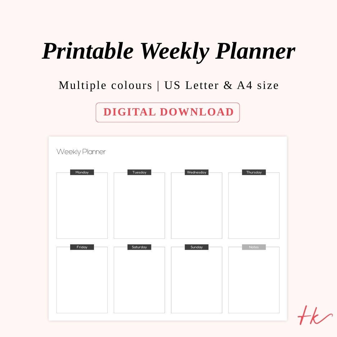 Printable Weekly Planner Sheet, Multiple Colours, Print at Home, US ...