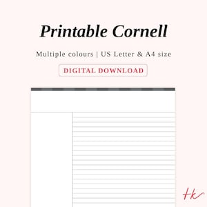 以下が含まれることがあります： 「Printable Cornell」のテキストが黒で表示された、印刷可能なコーネルノートテンプレート。複数の色があり、USレターとA4サイズで利用できます。「Digital Download」の文字がピンク色の長方形で表示されています。