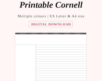 Puede incluir: Plantilla imprimible de notas Cornell con el texto "Printable Cornell" en negro. Ofrece múltiples colores y está disponible en tamaños US Letter y A4. Las palabras "Digital Download" están en un rectángulo rosa.