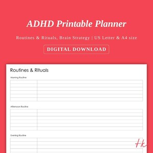 Puede incluir: Un planificador imprimible digital para el TDAH con un fondo rojo. El planificador incluye secciones para rutinas y rituales, estrategia cerebral, y está disponible en tamaños US Letter y A4. También se ve el texto "DESCARGA DIGITAL".
