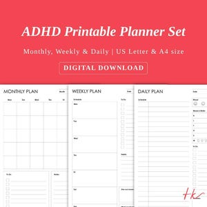 May include: ADHD Printable Planner Set with monthly, weekly, and daily planning pages. The digital download includes US Letter and A4 sizes. The planner pages are white with black text and include sections for scheduling and notes.