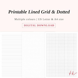 Puede incluir: Descarga digital de papel imprimible con líneas, cuadrícula y puntos en varios colores. Incluye tamaños US Letter y A4. La imagen muestra ejemplos de papel con líneas, puntos y cuadrícula. El texto dice "Printable Lined Grid & Dotted" y "DIGITAL DOWNLOAD."