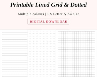 May include: Digital download of printable lined, grid, and dotted paper in multiple colors. Includes US Letter and A4 sizes. The image shows examples of lined, dotted, and grid paper. The text reads "Printable Lined Grid & Dotted" and "DIGITAL DOWNLOAD."