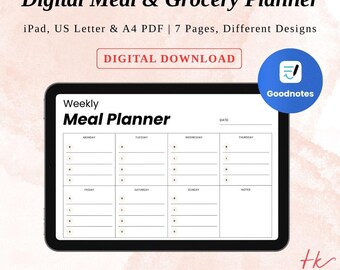 May include: A digital meal and grocery planner displayed on a black tablet. The planner features a weekly layout with sections for each day, labeled Monday through Sunday. The text "Digital Download" is in a red box. The Goodnotes logo is in a blue circle.