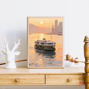 Akvarelltryck i Hongkongs solnedgång: Star Ferry, Victoria Harbour (digital nedladdning)
