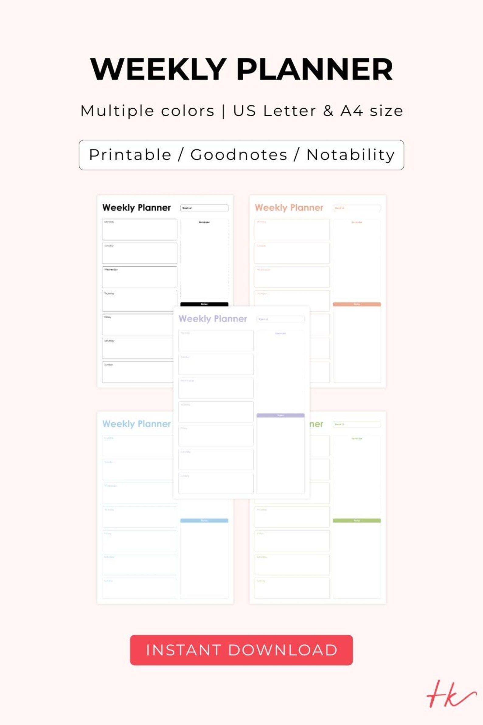 Printable and Digital Weekly Planner Sheet, 5 Colors, Print at Home, A4 ...
