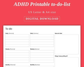 Può includere: Un elenco di cose da fare stampabile per l'ADHD, con il testo "ADHD Printable to-do-list". Il design include sezioni per attività giornaliere, settimanali e mensili, oltre a spazio per idee e procrastinazione. Disponibile nei formati US Letter e A4.