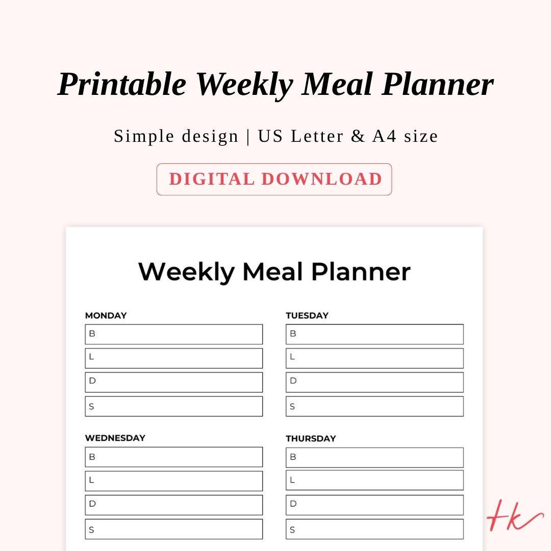 Printable Weekly Meal Planner, Meal Plan A4 PDF, US Letter - Etsy