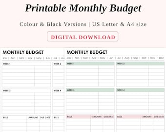 May include: Printable monthly budget template with sections for bills, amounts, and due dates. Includes color and black versions, US Letter and A4 sizes. The text "Digital Download" is displayed in a pink rectangle.