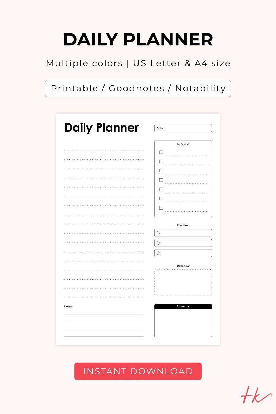 Printable and Digital Daily Planner Sheet, 5 Colors, US Letter & A4 ...