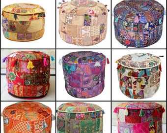 All Size\\- Vintage Ottoman Footstool Pouf Cover, Indian Patchwork Handmade Chair Stool Pouf Covers, Cotton Pouffe Ottoman, Footstool Pouf