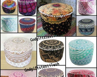 All Size Ottoman Covers\\- Round Ottoman Pouf Cover Indian Floral Mandala Footstool Case Round Seating Cover Chair Ottomans Puffy Covers