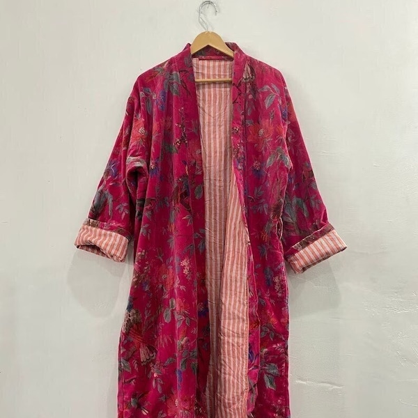 PINK BIRD Printed Kimono Indian Handmade Velvet Kimono Bath Robe Gown Night Wear Sleepwear Inside Lining Print Lounge Wear Kimono 127" CM
