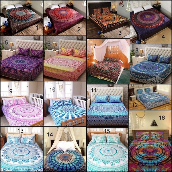 All Colors Cotton Bed Sheet, Indian Floral Mandala Bedding Set With Tow Pillows Cover, Cotton Bedspread, Ethnic Relaxing Bed Sheet US,