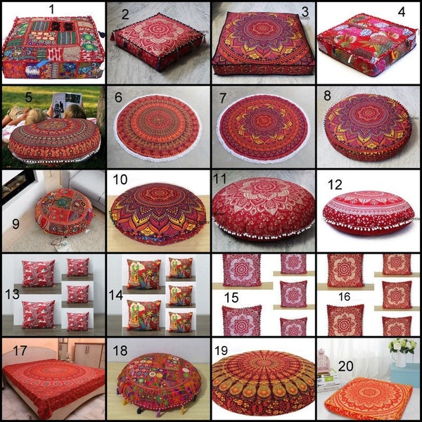 All Size Cotton Round Red Colors Pillows Cushion Covers \\ Red Bedding Set \\  Yoga Mediation Vintage Patchwork & Plain Cushion COVERS