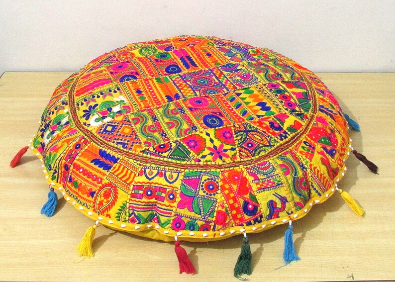 Indian 32 Yellow Round Cushion Cover Patchwork Handmade Etsy
