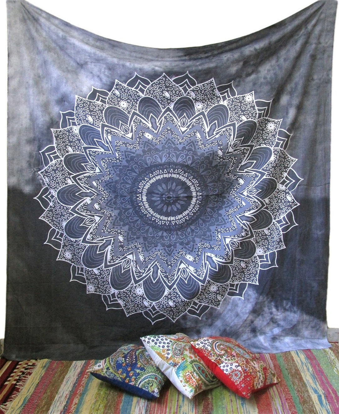 Indian Mandala Queen Size Tapestry Grey Tie Dye Wall Hanging Cotton ...
