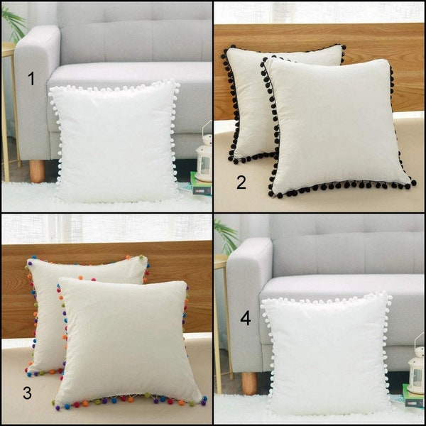 Housses de coussin carrées indiennes unies faites main en coton blanc uni, housse de coussin décorative, toutes les tailles, coussin carré avec pompons