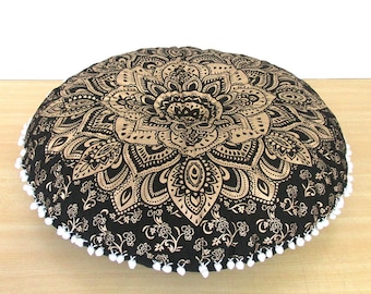 28" Black Gold Mandala Round Large Pillow Case Cover Decorative Indian Handmade Cotton Cushion Cover