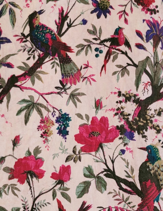 Printed Velvet Fabric Indian Fabric Floral PINK BIRD Print Fabric  Upholstery Fabric Fabric for Lampshade Fabric for Curtain Quilting Fabric 