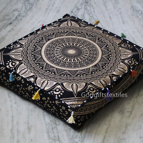 Housses de coussin carrées en or noir toutes les tailles de sol pouf ottoman décoratif housse de siège taie d'oreiller décorer le coussin mandala indien