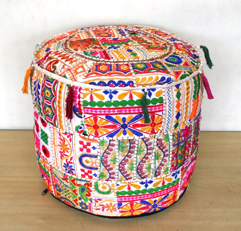 22 Indian Handmade Vintage White Round Pouf Cover Floor Decorative Ottoman Footstool Pouf Cover Patchwork Seating Chair Pouf Cover Throw