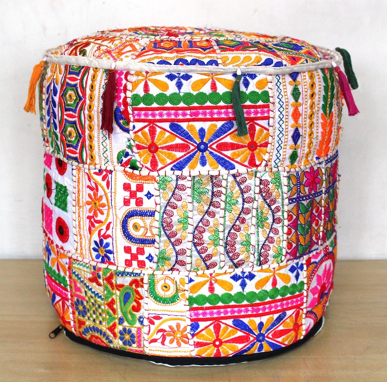 22 Indian Handmade Vintage White Round Pouf Cover Floor Decorative Ottoman Footstool Pouf Cover Patchwork Seating Chair Pouf Cover Throw
