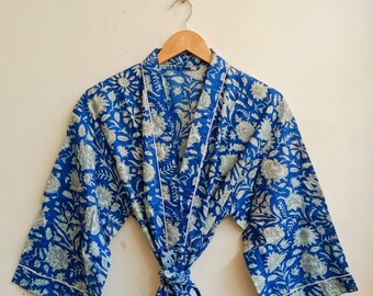 Cotton BLUE Floral Kimono Robe, Cotton kimono, Indian Kimono Robe, Soft and comfortable Bath robes, Beach wear kimono, Night wear kimono