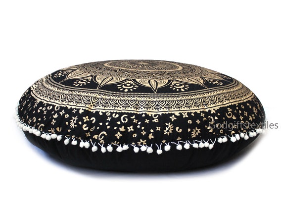 New 28" Indian Black Gold Ombre Mandala Design Round Floor Cushion Cover Pom Pom