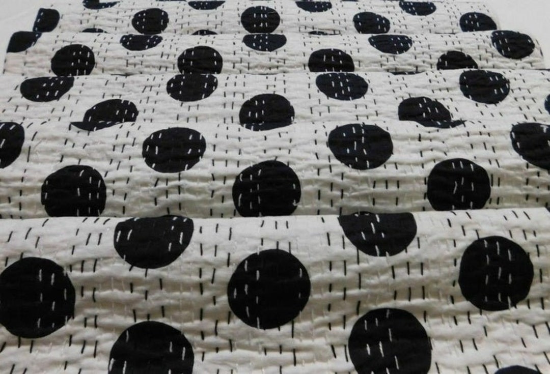 Handmade Black Polka Dot Indian Twin & Queen Size Kantha Quilt Cotton ...