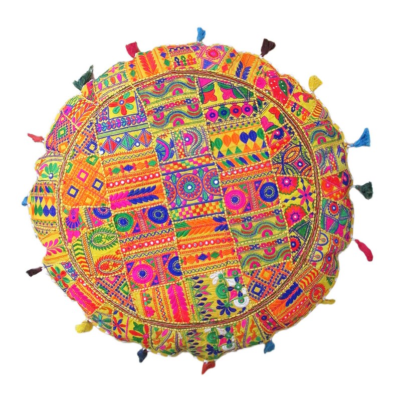 Indian 32 Yellow Round Cushion Cover Patchwork Handmade Etsy