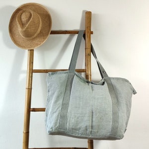 Große Umhängetasche - Salbei - stonewashed Leinen - Reißverschluss - Innentasche - waschbar - faltbar - Strandtasche