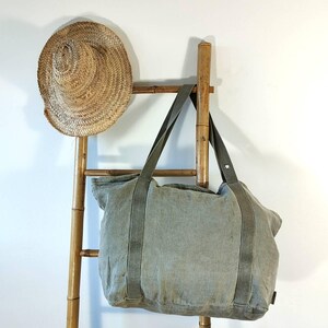 Große Umhängetasche - Stonewashed-Leinen - Olivgrau - Reißverschluss - Innentasche - waschbar - faltbar - Strandtasche