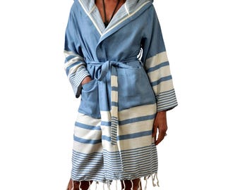 Hand-loomed Dusty Blue Hammam Bathrobe with Hood and Tassels - Lightweight and Quick-Drying - Soft Cotton - Fairtrade and Fair made