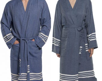 Soft hammam bathrobe with kimono collar | navy blue | His/Her