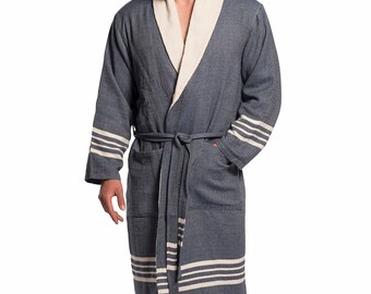 Soft hammam bathrobe with terry lining | Navy blue | Hand-loomed | Unisex | His-Her | Fairtrade | Fair made | All season robe