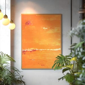 Simple acrylic painting on canvas, 88 x 60 cm, modern painting, abstract landscape, image in orange with a fine gold line, pictures