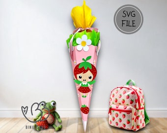 Mochila escolar motivo niña fresa, plantilla de manualidades, archivo PDF y SVG, manualidades con y sin plotter, princesa, matrícula escolar, vuelta al cole